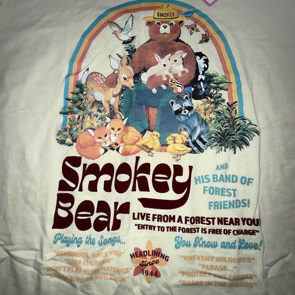 Smokey Bear Tops - Smokey Bear Graphic T-Shirt Women L NEW Band of Forest Friends Light Yellow Tee